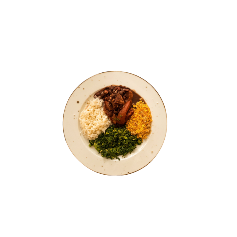 Feijoada Leve servida en plato con arroz, farofa y col